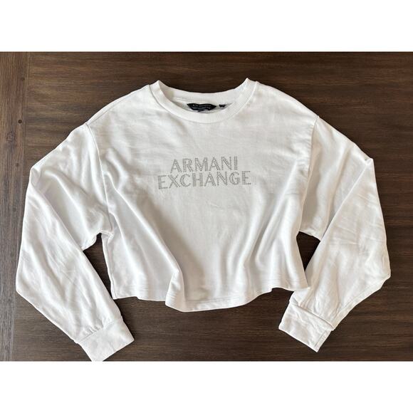 Armani Exchange Crop Sweatshirt White Crystal Rhinestone Spellout XS - Picture 1 of 9